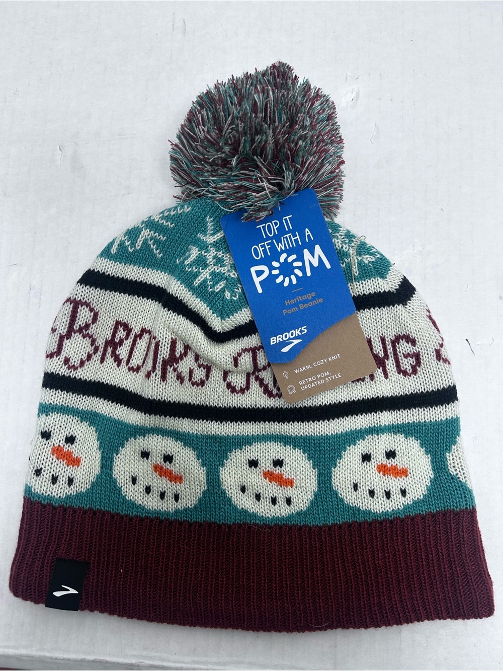 Brooks Teal, Maroon & Cream Knit Pom Beanie snowman